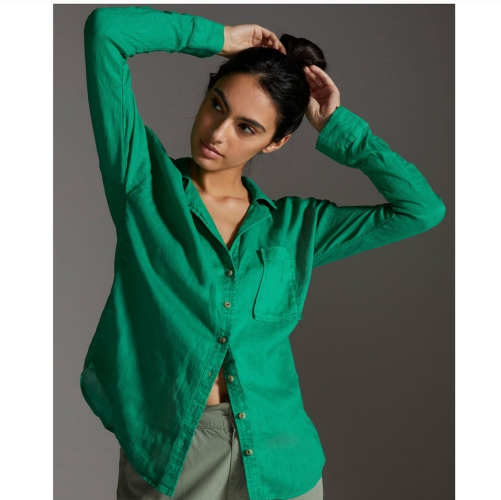 Anthropologie Maeve Green Button-Up Shirt With Ruched Sleeves